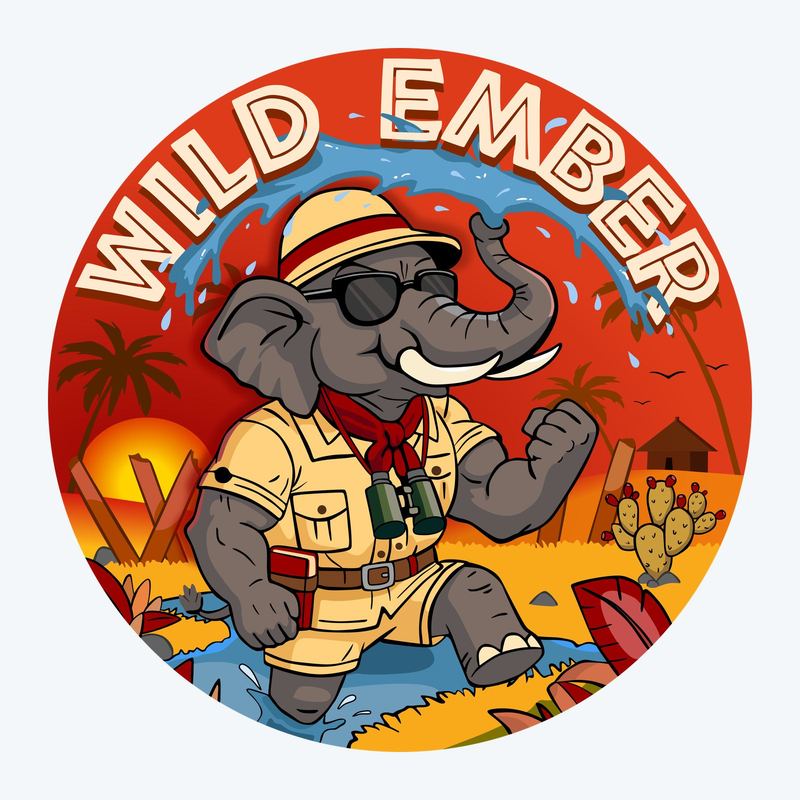WILD EMBER — logo principal safari, éléphant explorateur en badge rond
