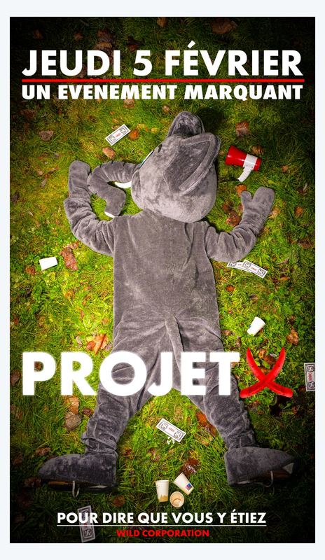 WILD EMBER — affiche d'événement « Projet X » avec la mascotte éléphant