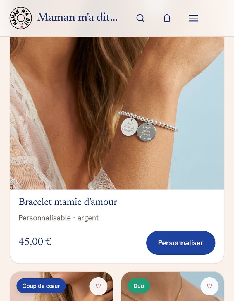mamanmadit.fr — page d'accueil (vue mobile) : section « Nos best-sellers » avec le Bracelet mamie d'amour